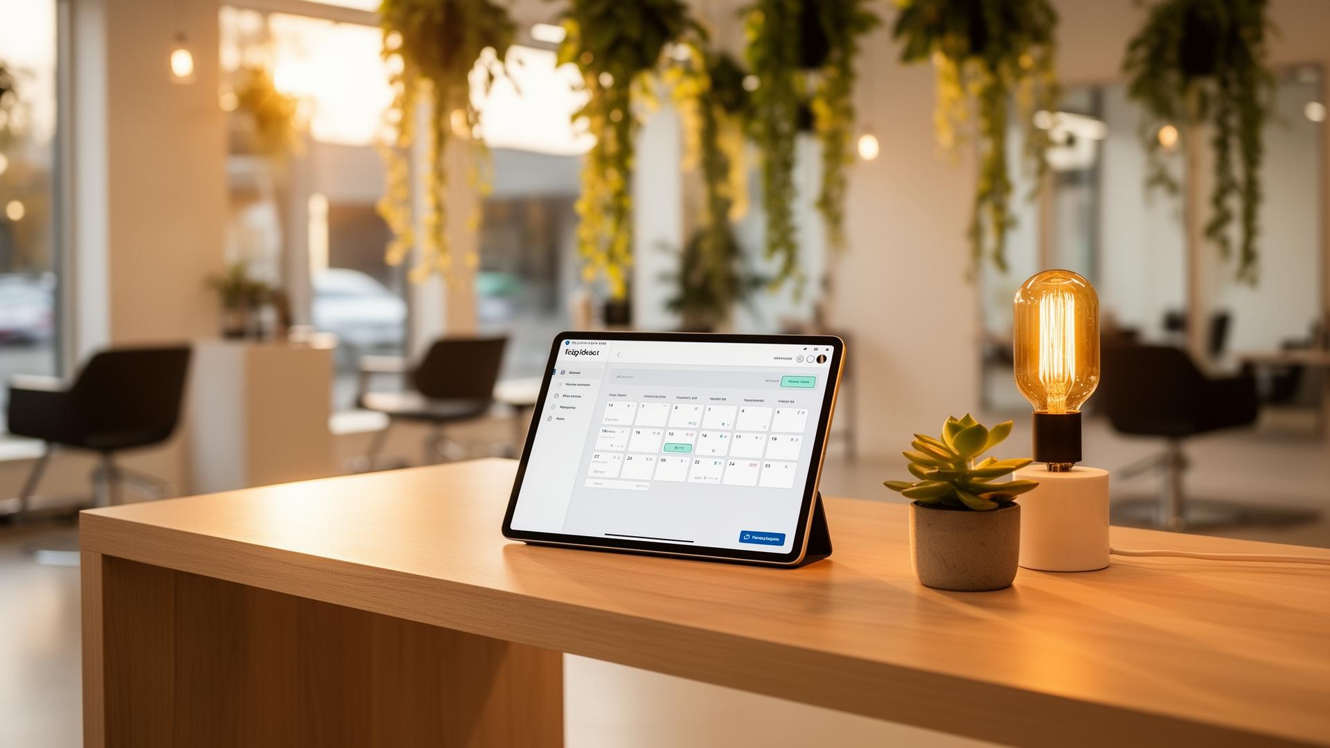 Owned booking system on a tablet on a walnut reception desk with warm lamp light — Digital Bridge Ireland 2026